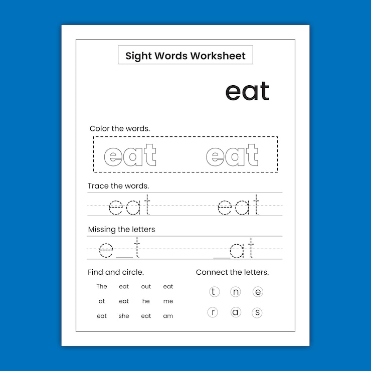 Vector kindergarten sight word practice worksheet