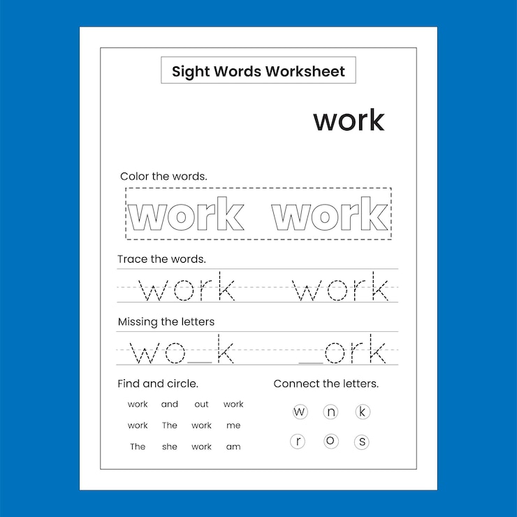 Vector kindergarten sight word practice worksheet