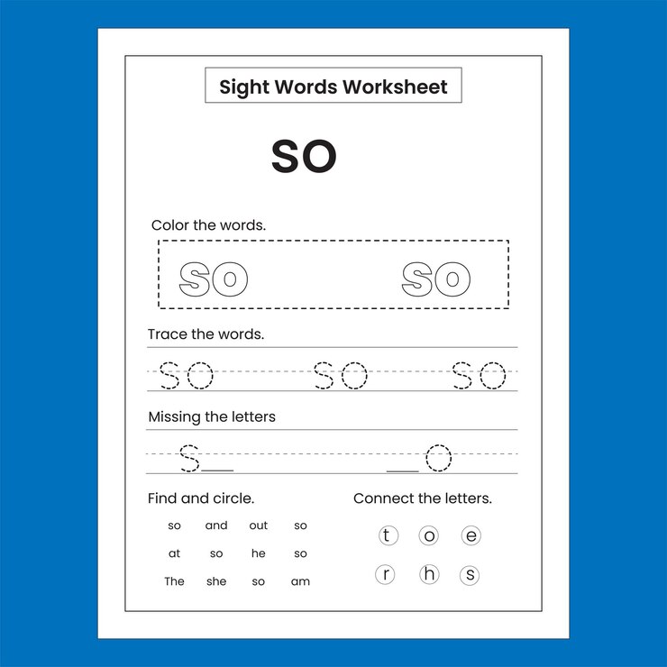 Vector kindergarten sight word practice worksheet