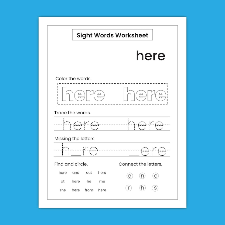 Vector kindergarten sight word practice worksheet
