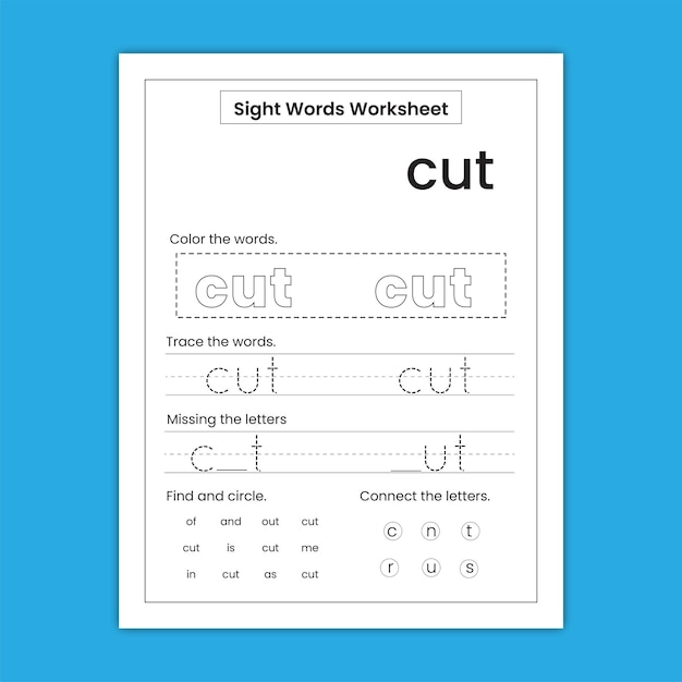 Vector kindergarten sight word practice worksheet