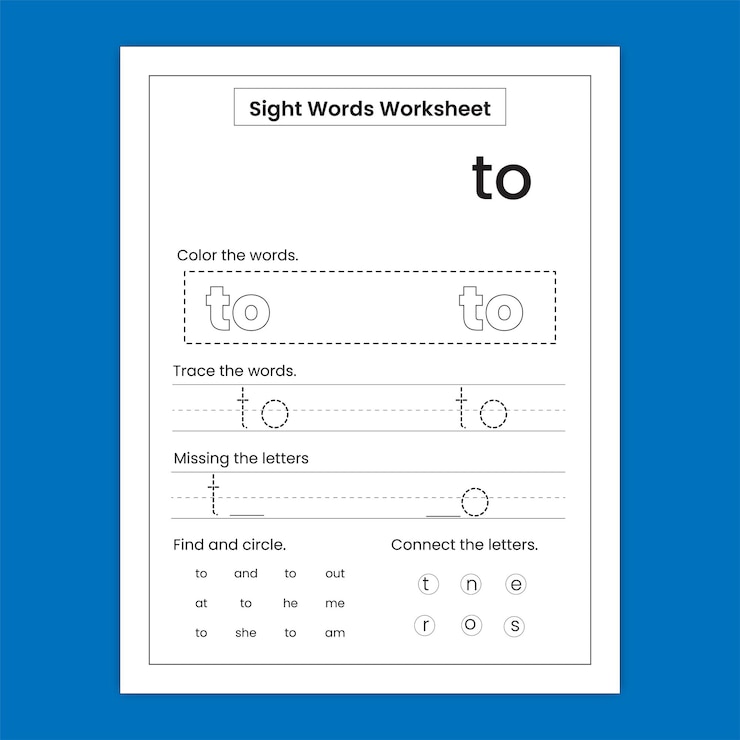 Vector kindergarten sight word practice worksheet