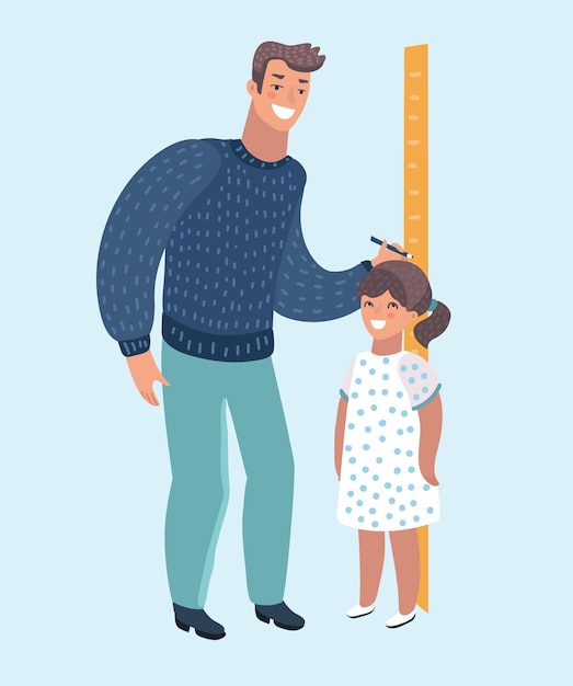 Vector kindergarten teacher or father measuring girl height with painted graduations on the wall