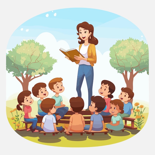 Kindergarten Teacher Talking With Her Students Cartoon Vector Art Illustration