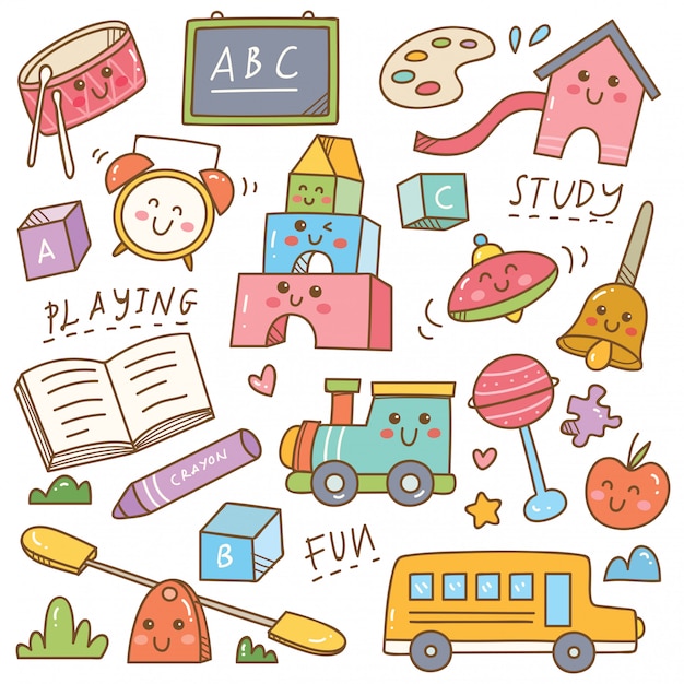 Set di doodle di giocattoli e attrezzature di scuola materna