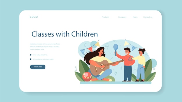 Kindergartener web banner or landing page. Professional nany and children doing different activities. Cute kid play with toys. Day care center, preschool education. Vector illustration