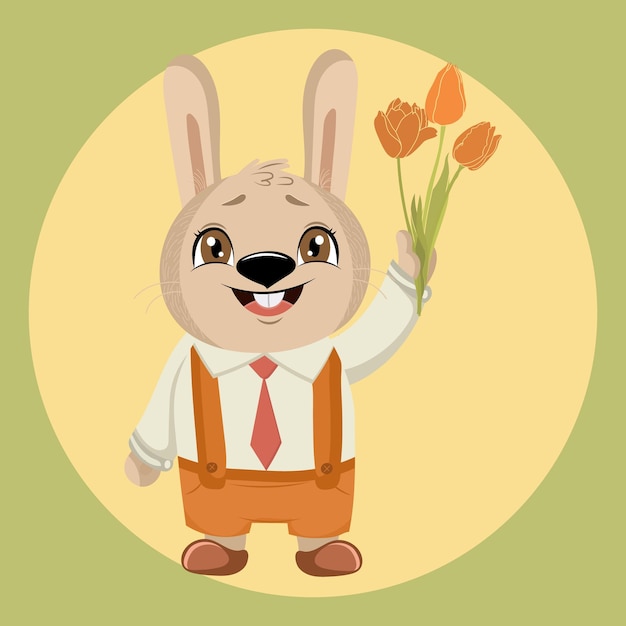 Vector kinderillustratie schattig lachend konijntje in een shirt met een stropdas en tulpen in zijn hand