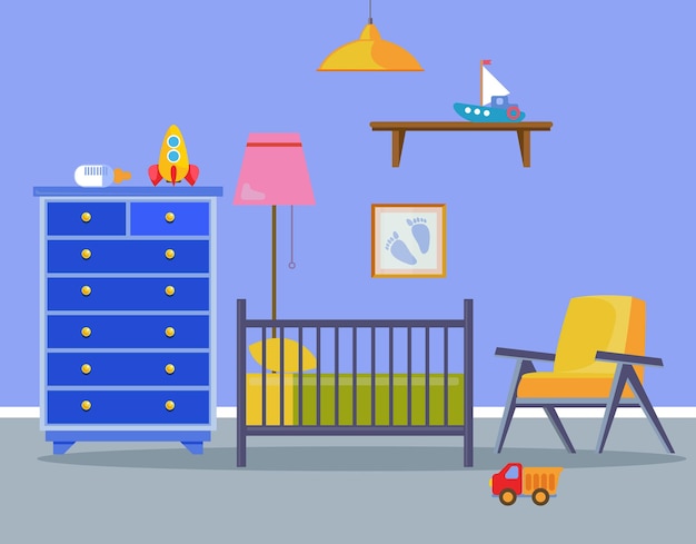 Kinderkamer voor een pasgeboren baby het interieur is blauw voor een kleine jongen met een kinderbedje en een fauteuil