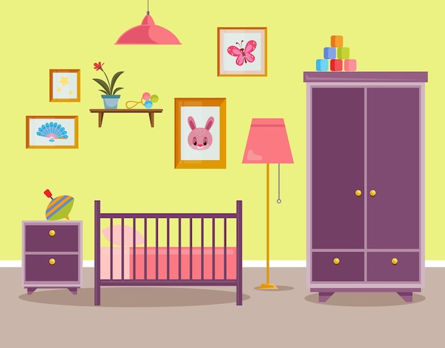 Kinderkamer voor een pasgeboren baby roze interieur voor een klein meisje met een ladekast