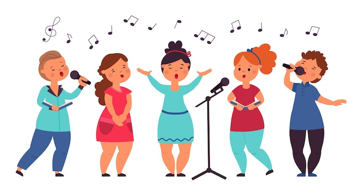 Vector kinderkoor schattige zingende jongen vocale kunst meisje zanger cartoon musical kinderen concert lied show geïsoleerde muziekband fatsoenlijke vector tekens
