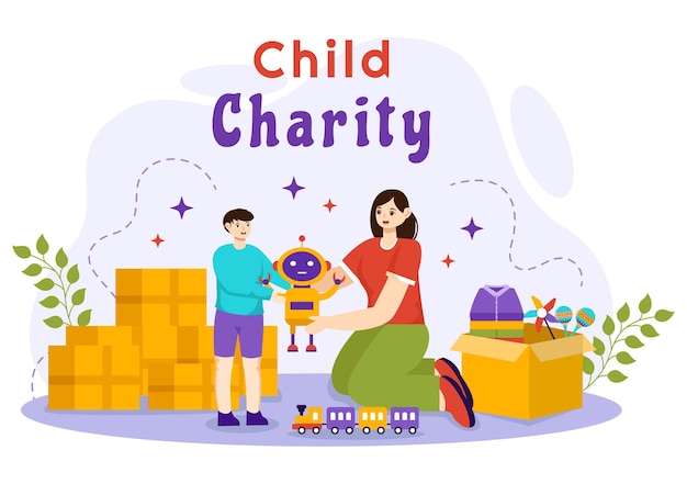Vector kinderliefdadigheid illustratie van liefdadigheidsondersteuning aan kinderen met speelgoed- en medicijndoosjes
