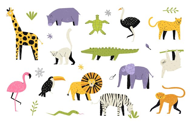 Vector kinderlijke trendy dieren abstracte naïeve geometrische vormen van kinderen schattige grappige baby zebra nijlpaard leeuw giraffe tijger silhouet iconen vector geïsoleerde set