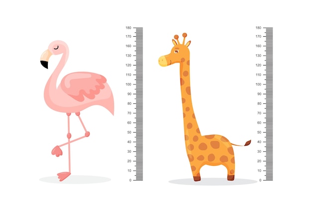 Kindermetermuur met een schattige cartoon flamingo-giraf en meetliniaal