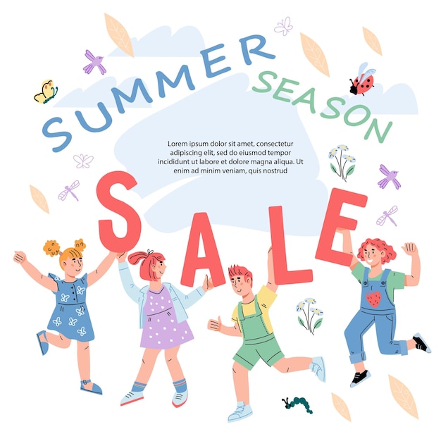 Kindermode zomer verkoop banner van reclame poster mockup platte vectorillustratie