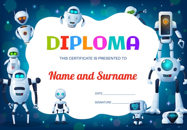 Kinderonderwijsdiploma, cartoonrobots, cyborgs of droids-certificaat van schooldiploma. Student prestatie award en cursus voltooiing geschenk met moderne Android bots achtergrond framerand