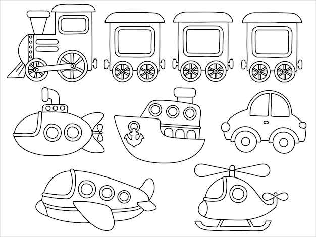 Vector kinderpakket met transport stoomlocomotief onderzeeër schip auto vliegtuig helikopter