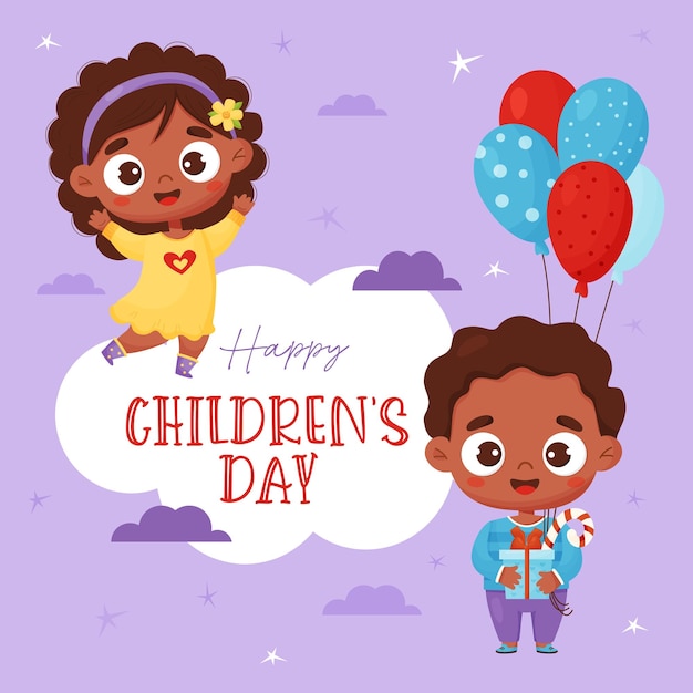 Kinderposter gelukkige kinderdag Leuke cartoon zwarte etnisch meisje en jongen met cadeau en ballonnen