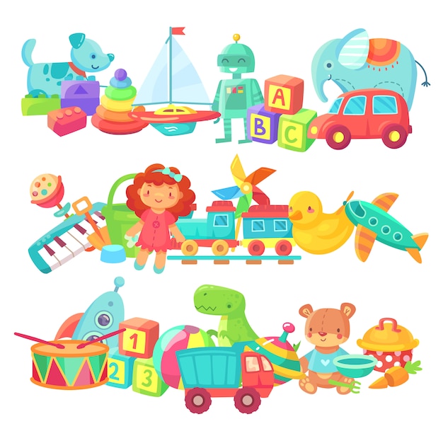 Kinderspeelgoed groepen. Cartoon baby pop en trein, bal en auto's