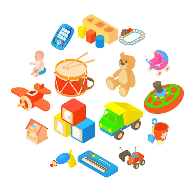 Kinderspeelgoed iconen set, vlakke stijl