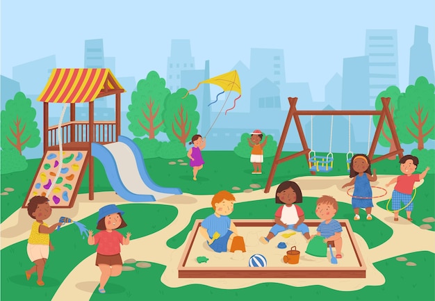 Kinderspeeltuin zonder kinderen in het park Schoolgebied Buitenspeeltoestellen voor de kleuterschool of huis Vector cartoon achtergrond Grappige kinderen karakter Sandbox glijbaan en schommel