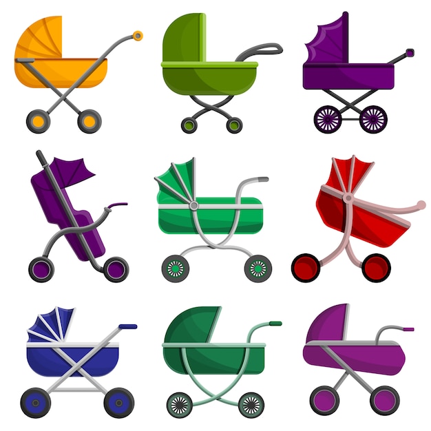 Vector kinderwagen pictogrammenset, cartoon stijl