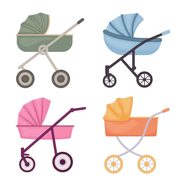 Kinderwagens. Een set kinderwagens. Kinderwagens voor pasgeborenen van verschillende kleuren. Vintage kinderwagens. Vectorillustratie geïsoleerd op een witte achtergrond