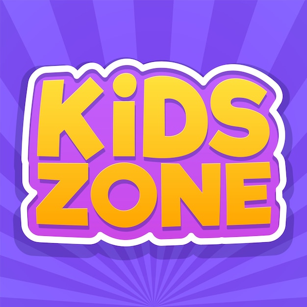 Kinderzone. kleurrijke speelkamer, speelpark of game area-logo. speeltuin voor kinderen paars embleem of sticker met gele tekst. vector heldere achtergrond