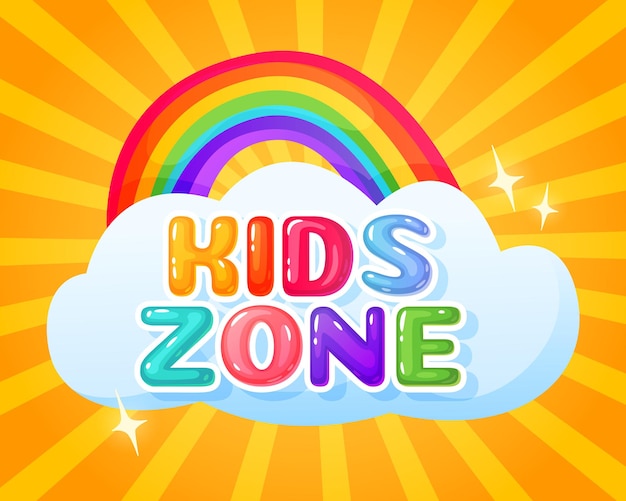 Kinderzone-logo speelkamerbanner met schattige regenboog en wolkenillustratie