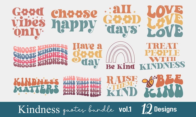 Kindness kind positive quotes collection set retro boho typographic art bundle on white background