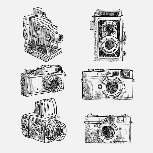 Vector kinds of hand drawn vintage cameras