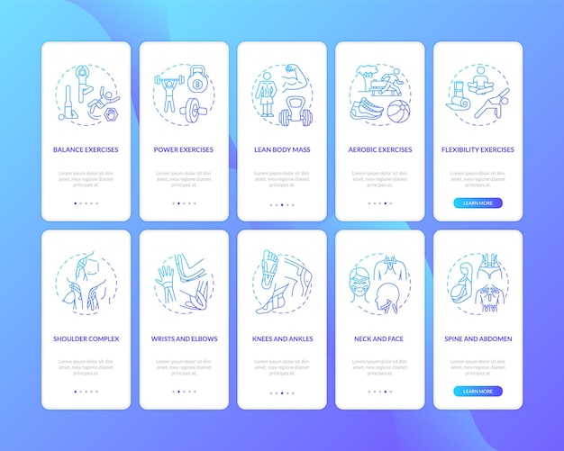 Schermata della pagina dell'app mobile di onboarding blu scuro di kinesiologia con set di concetti