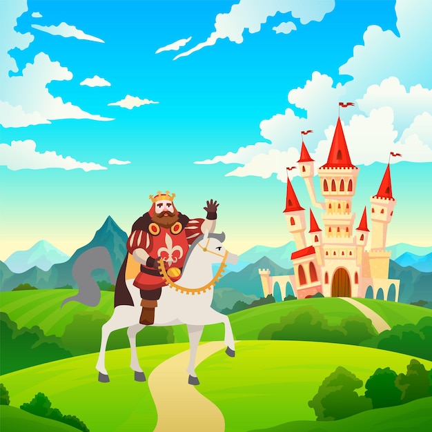 King on horseback. Prince in crown and royal clothes rides to castle or palace on horse on medieval mansion landscape, illustration for child fairytale, cartoon flat vector image