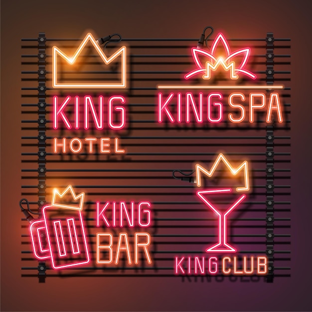 Vettore insieme dell'insegna al neon del re. king hotel, king spa, king bar e king club. neon rosa e arancio.