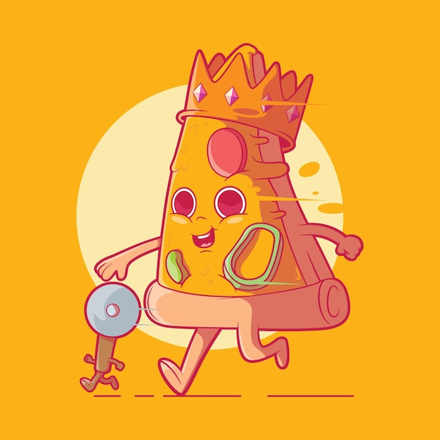 King pizza cute character running vector illustration Food funny brand design concept