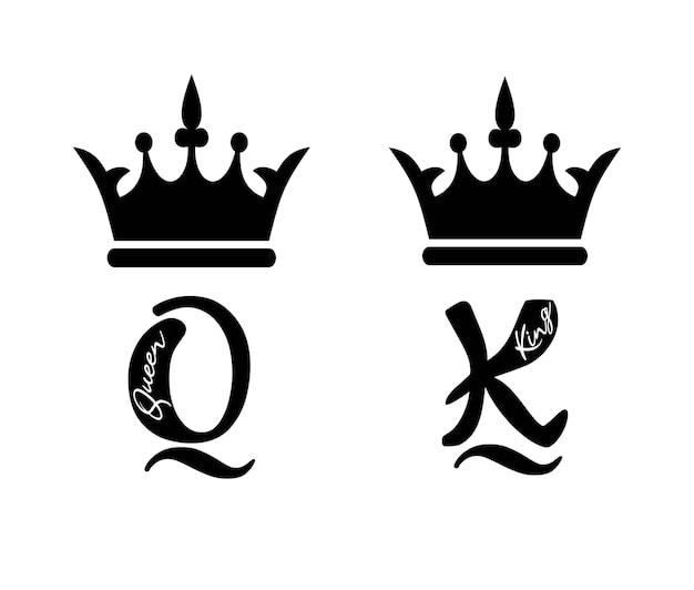 Vector king queen crown black tattoo calligraphy sign.k and q alphabet letter.tiara diadem silhouette icon