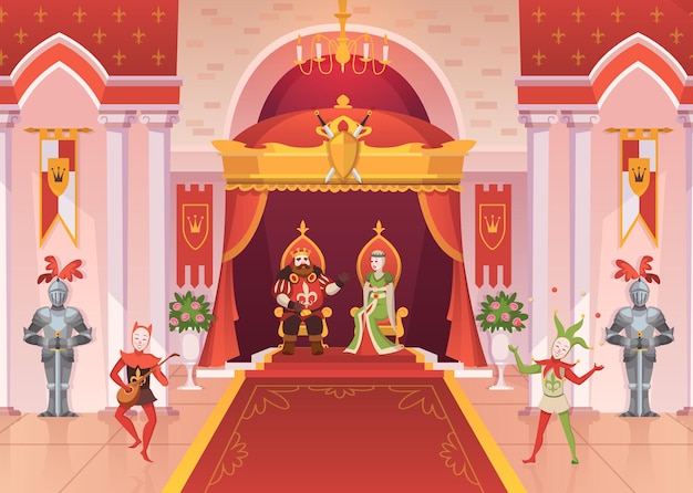 King and queen. luxury interior medieval royal palace throne monarchy ceremony room with pillars and carpets, fantasy jesters and knights, fairy tale cartoon vector characters