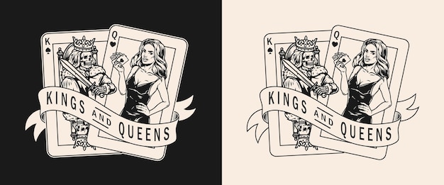 Vector king and queen playing cards label