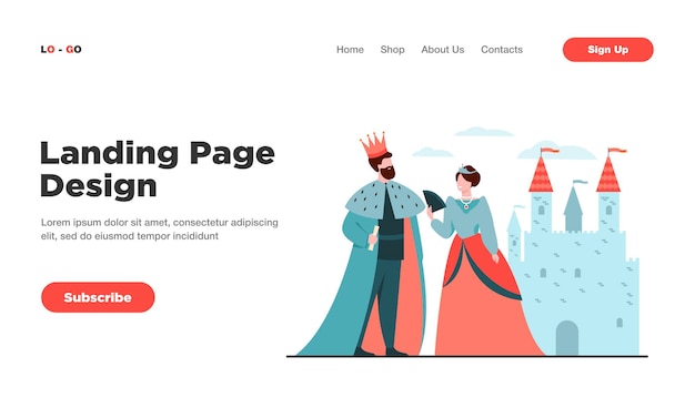 King and queen standing in front of castle flat vector illustration landing page