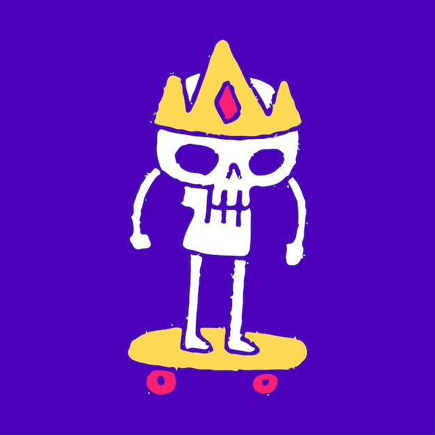 King skull riding skateboard cartoon, illustration for t-shirt, sticker