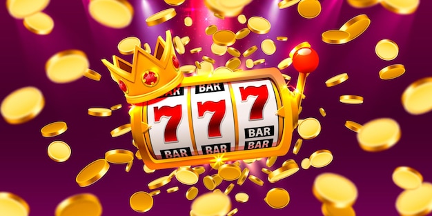 Vector king slots 777 banner casino op de munten achtergrond. vector illustratie