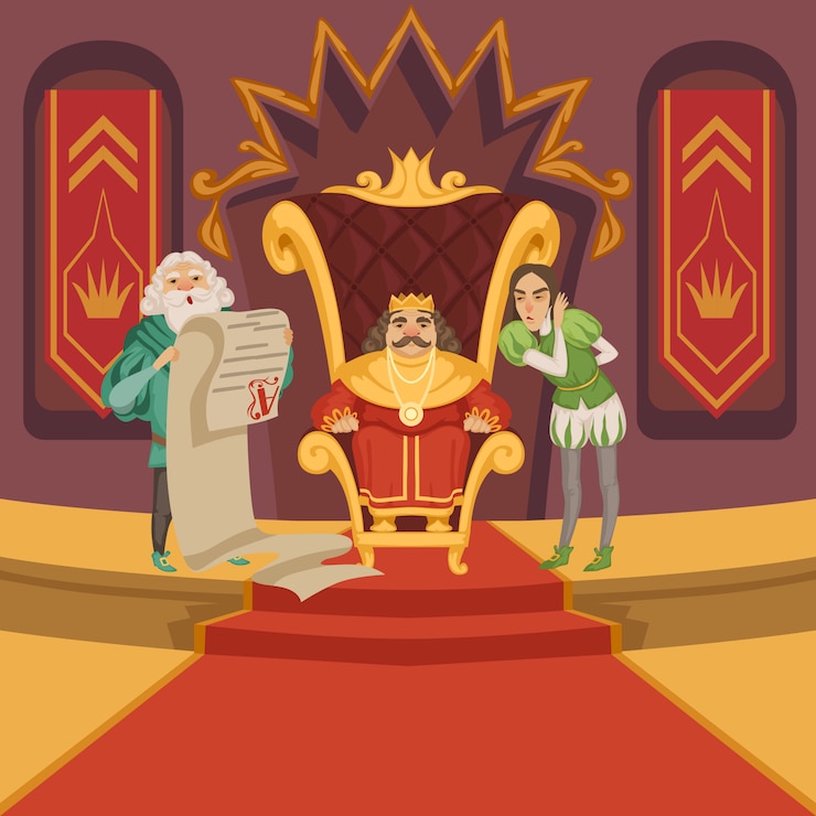 वेक्टर king on the throne and his retinue. cartoon characters set