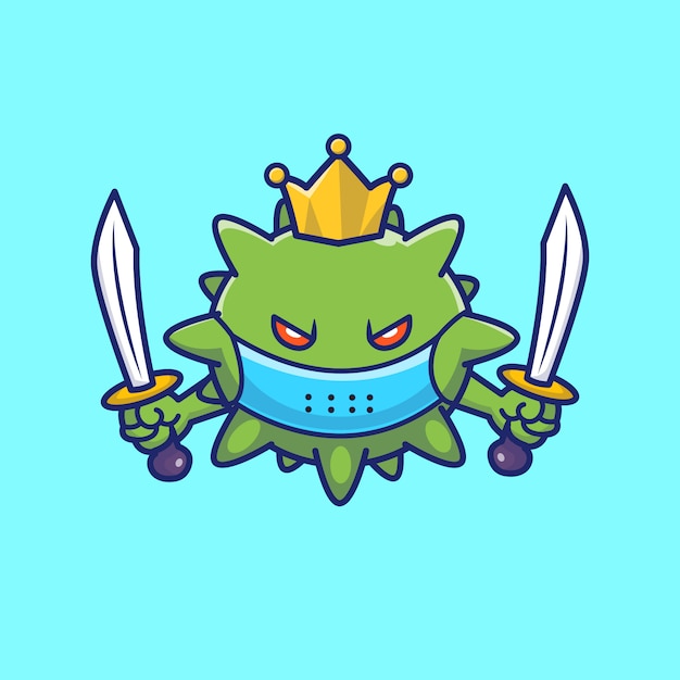 King virus holding swords illustration. corona mascot cartoon character. virus concept isolated