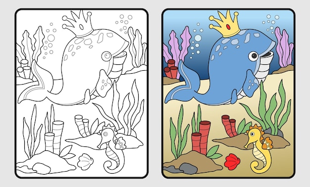 King of whales coloring book or educational pages for kids and elementary school vector illustration