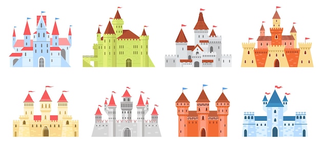 Vector kingdoms and castles flat medieval king palaces cartoon towers and fortress walls royal turret with waving flags on spires fabulous princess habitation fairytale architecture splendid vector set