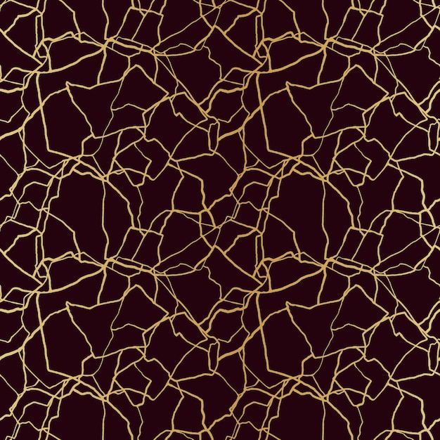 Kintsugi art seamless pattern with gold thin lines and abstract shards on dark luxury background