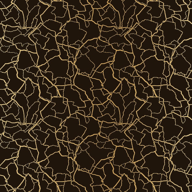 Kintsugi art seamless pattern with gold thin lines and abstract shards on dark luxury background