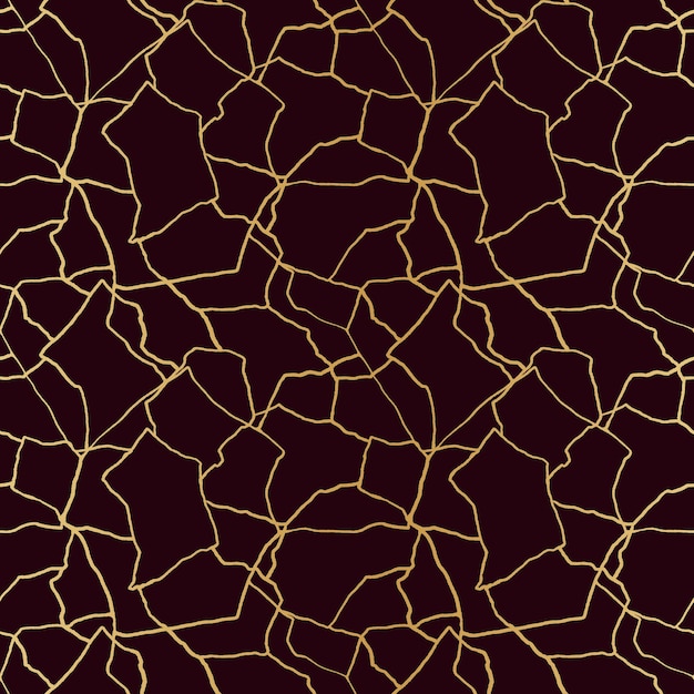 Kintsugi art seamless pattern with gold thin lines and abstract shards on dark luxury background