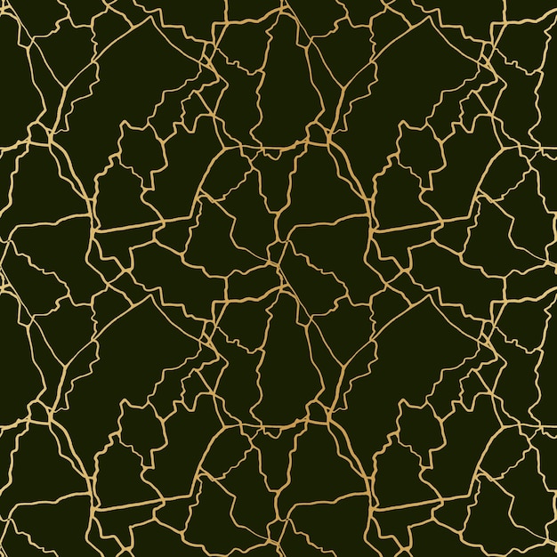 Kintsugi art seamless pattern with gold thin lines and abstract shards on dark luxury background