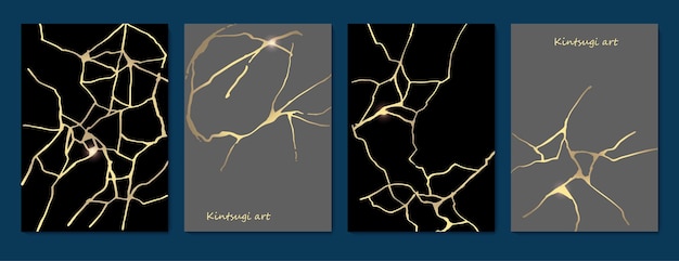 Kintsugi kunst stijl sjabloon A4 ontwerp poster abstracte gouden barst structuurpatroon op grijze achtergrond Japanse vintage traditionele ambacht gouden craquelé cirkel achtergrond vectorillustratie