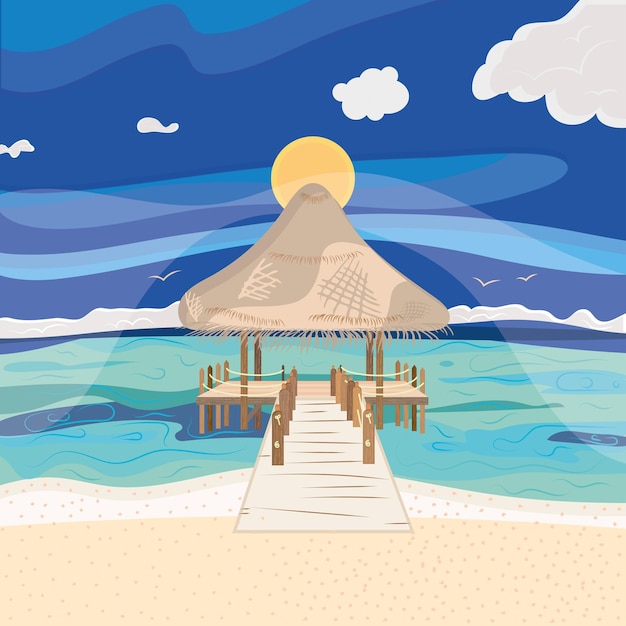 Vector kiosk building over the ocean water summer holiday resort landscape vector illustration